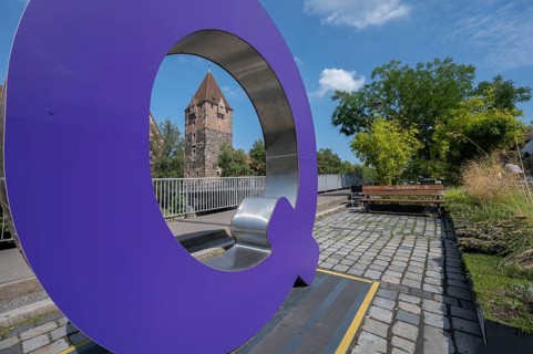 Medieval debtor's tower on the Pegnitz, seen through a work of art, art in the city, Nuremberg,