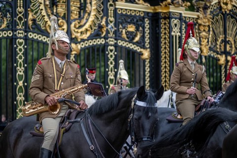 Mounted military musicians, horses, Trooping the colour, military parade in June in honour of the