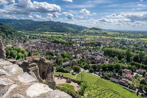 The ruins of Staufen Castle on the Schlossberg with a view of the historic old town, wine-growing