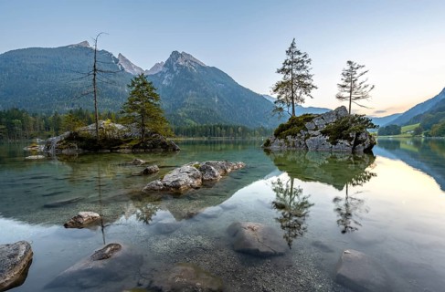 Hochkalter reflected in Hintersee, at sunset, Berchtesgaden National Park, Ramsau, Upper Bavaria,