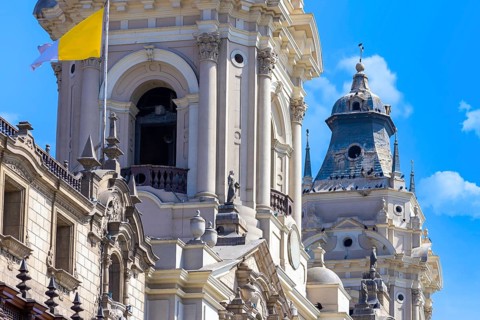 Lima, Peru, Archbishop Palace on colonial Central plaza Mayor or Plaza de Armas in historic center,