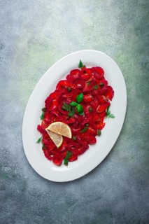 Salmon gravlax with beetroot, Scandinavian snack, beet gravlax, lightly salted fish, homemade, no