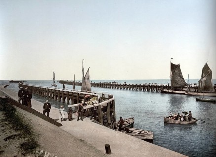 Harbour entrance, Blankenberge, Belgium, ca 1890, Historical, digitally restored reproduction from