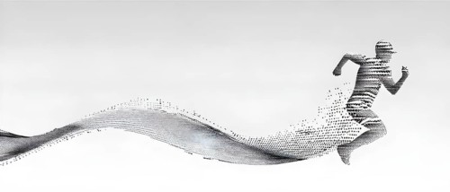 Wave of data points shaping into a runners silhouette, abstract illustration in black and white,