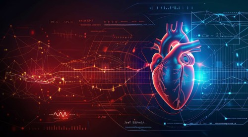 Concept of technology and innovation in health and heart research. Heart health monitoring, AI