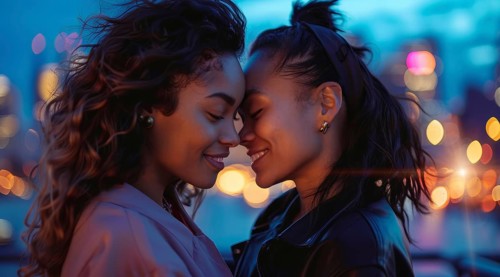 Interracial lesbian LGBTQ couple with long hair and smiling. Concept of inclusivity, AI generated