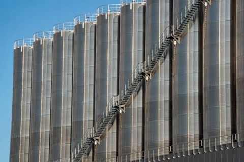 Stainless steel tanks of a large silo facility in Duisburg inland harbour, Duisburg-Neuenkamp, for