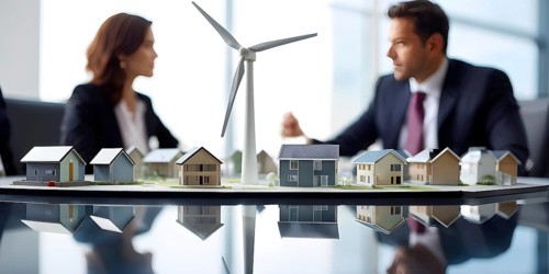 Business professionals engaged with a scale model of a wind turbine adjacent to miniature houses,