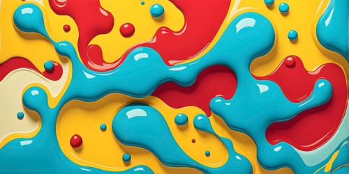 Abstract image with vibrant blue and red blobs and liquid shapes on a yellow background, AI