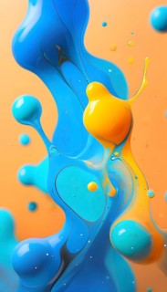 Abstract wallpaper with colorful turquoise and yellow blobs and liquid shapes on a orange