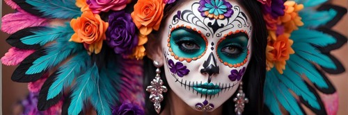 Woman in an extravagant dia de los muertos costume and a vibrant face makeup, AI generated