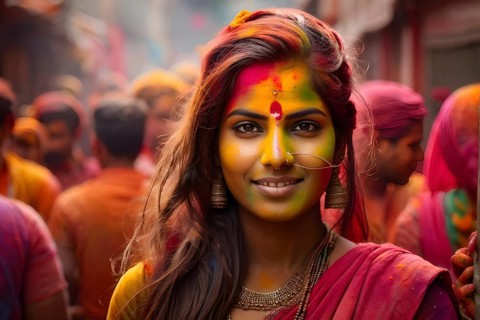 Indian woman colored face portrait during Holi Hindu festival, AI generated