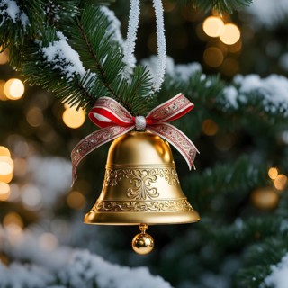 Vintage Christmas bell ornament hanging on a snow-dusted evergreen branch, capturing the intricate