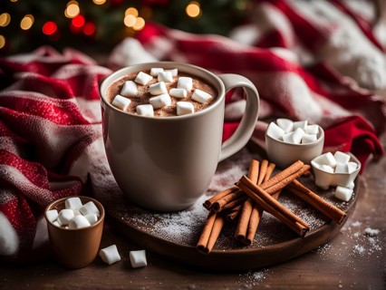 A close-up of a steaming cup of hot cocoa topped with marshmallows, surrounded by cinnamon sticks,