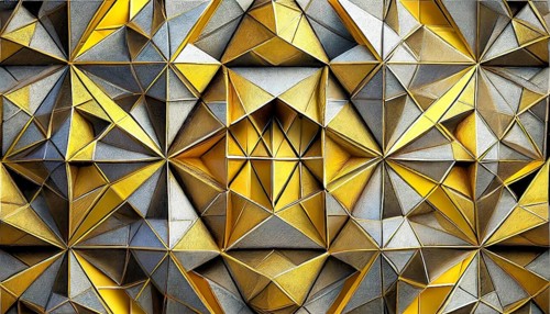 Art object, artistic digital design art, golden and silver triangles in shiny metal look in 3D, AI