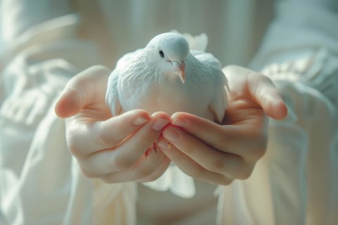 Close-up of a child's hands, with a white dove, dove of peace, AI generated, AI generated, AI