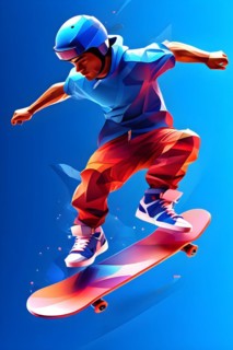 Skateboarder in dynamic jump abstracted into fluid shapes that capture elegance and dynamic in