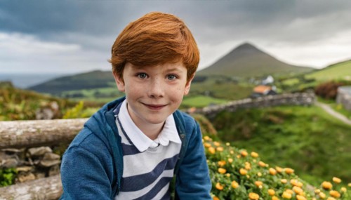 Happy red-haired boy with freckles in front of a natural, green landscape, Ireland, ki generated,