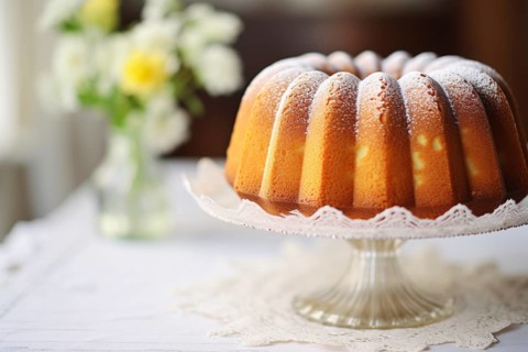 Round pund cake with sugar on cake stand. KI generiert, generiert AI generated