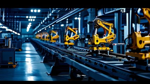 AI generated automotive assembly line in car manufacturing progression with automated machines