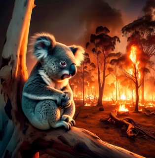 Climate change, global warming, bushfires, a koala in Australia sitting on a burning eucalyptus