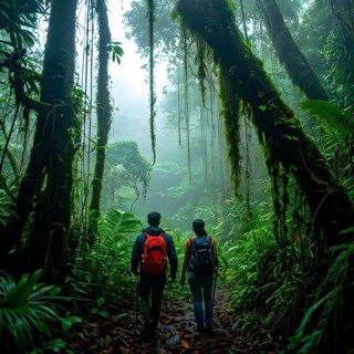 Adventurous couple hiking through dense amazon rainforest, AI generated