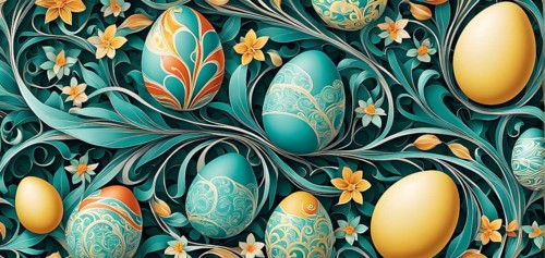 A whimsical abstract pattern with intertwined ribbons, eggs, and floral motifs, with a mix of sharp