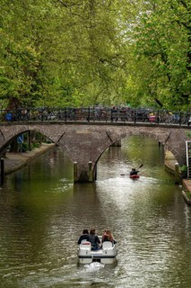 Utrecht, Netherlands, historic city centre, Oudegracht, canal, bridge, pedal boats