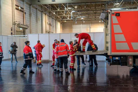 Construction of a vaccination centre for corona vaccinations, in a hall at Messe Essen, by the
