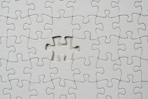 Puzzle game, blank, white, without motif, for printing, one piece missing