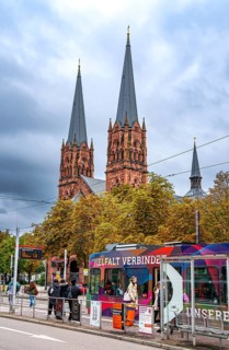 St John's Church, tram, City of Freiburg, Breisgau, Germany, Europe