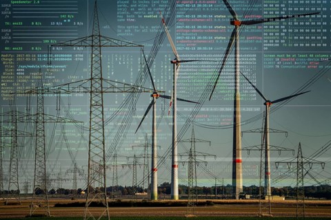 Symbolic image of critical infrastructure, blackout risk, cyberterrorism, wind farm near Bad