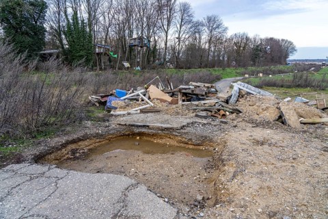 Barricades, obstacles, in the camp of climate activists in the rest of the village of Lützerath,