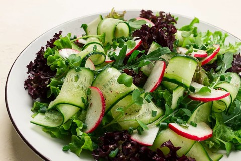 Vegetable salad, radishes and cucumbers, radish micro-greens, lettuce leaves, green onions,