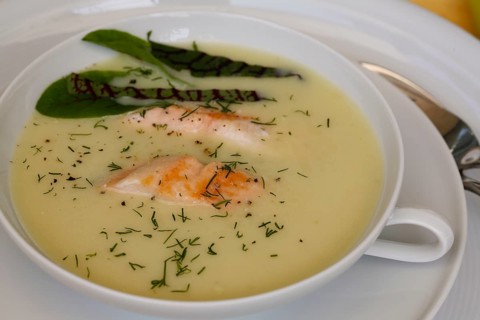 Southern German cuisine, sorrel soup with char, freshwater fish, soup served in soup bowl, herbs,