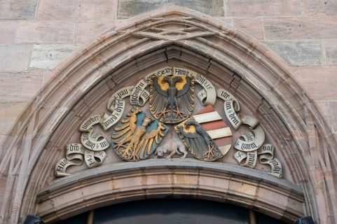 East side with coat of arms above the entrance gate, historic toll hall, built 1498-1502, former