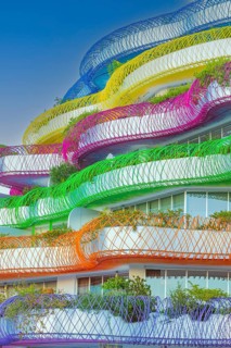 Modern apartment building with colourful balcony decorations, Eivissa, Ibiza Town, Ibiza, Balearic