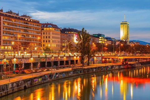 Illuminated Franz-Josefs Quay on the Danube Canal, evening mood, Vienna Austria