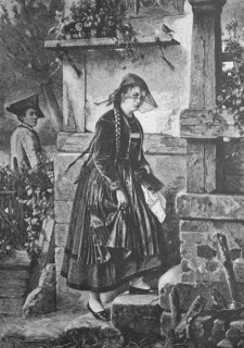 Returning home from church, woman in traditional traditional costume, with a hymn book in her hand,