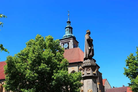 Regiomontanus Fountain on the market square and late Gothic, Evangelical-Lutheran St Mary's Church,