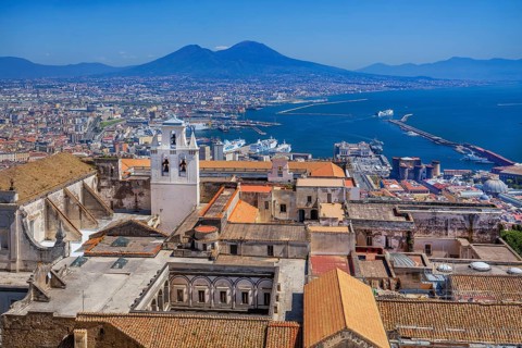 Panorama of city, harbour and sea with the monastery of San Martino and Mount Vesuvius 1281m,