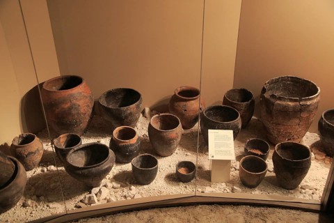 Display of pottery finds in Iron Age museum, Andover, Hampshire, England, UK