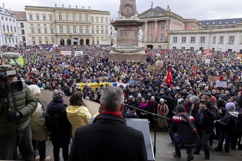 The Lord Mayor of Potsdam Mike Schubert speaks at the rally, Potsdam defends itself, a rally of the