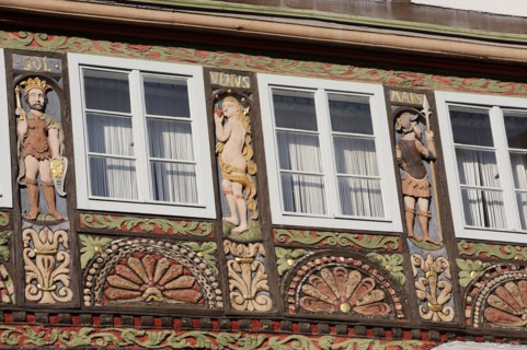 Half-timbered house, façade with wood carvings, Lemgo, North Rhine-Westphalia, Germany, Europe