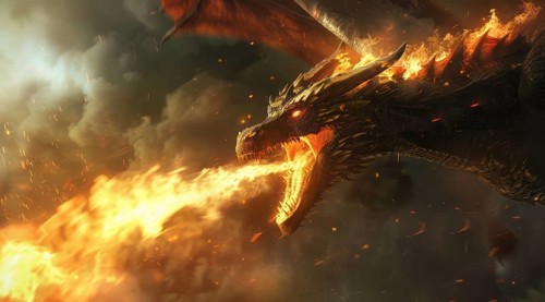 Flying dragon is spewing fire from its mouth, AI generated