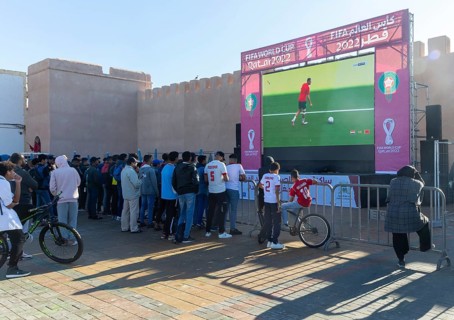 Crowd building up football match in FIFA World Cup, Qatar 2022, Essaouira, Morocco, north Africa,
