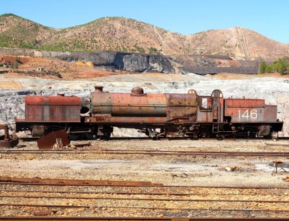 Old rusty abandoned steam train in the Rio Tinto mining area, Minas de Riotinto, Huelva province,