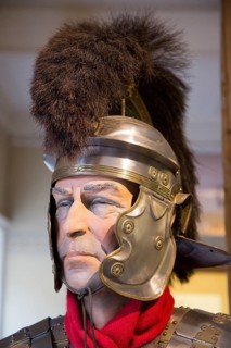Roman soldier mannequin model wearing. helmet. With permission of Wiltshire Museum, Devizes,