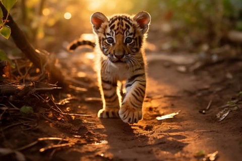 Baby tiger cub walking in jungle forest with confidence during the golden hour, AI generated