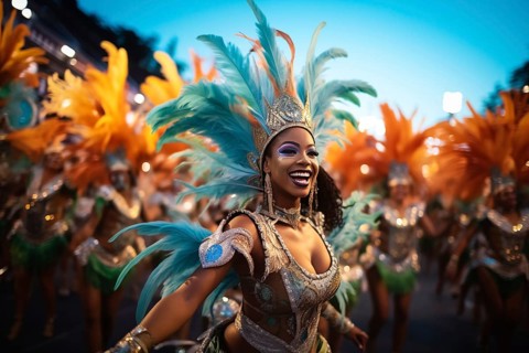 Captivating image capturing the essence of the Rio Carnival, showcasing a dancer adorned in an